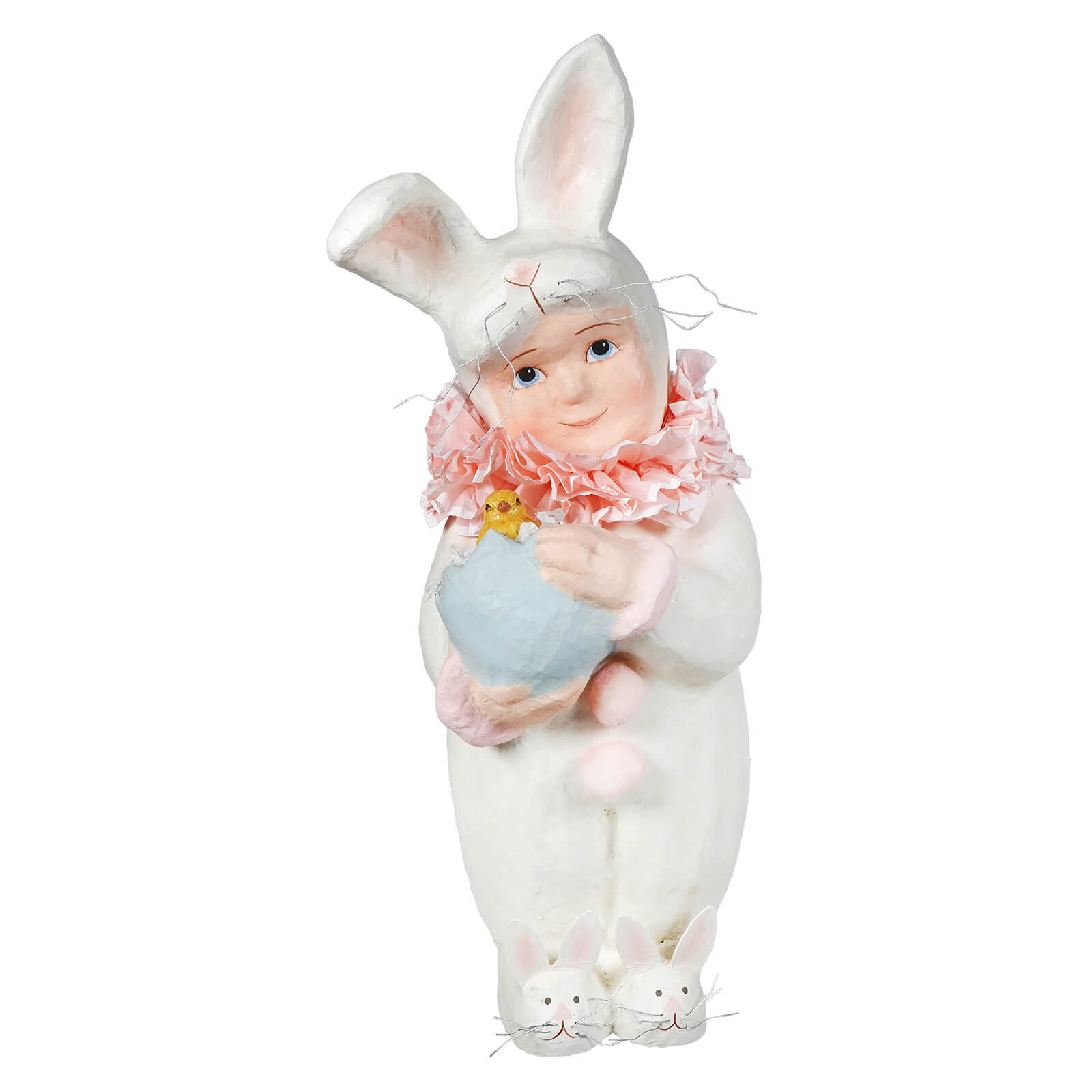 Large bunnykins white bunny figurine with pink ruffled collar and yellow chick perfect for bethany lowe figural decor and tree toppers