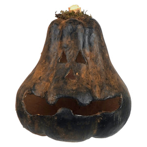 Large carved black gourd jack o lantern with rustic charcoal black finish triangular face cutouts and mossy stem top