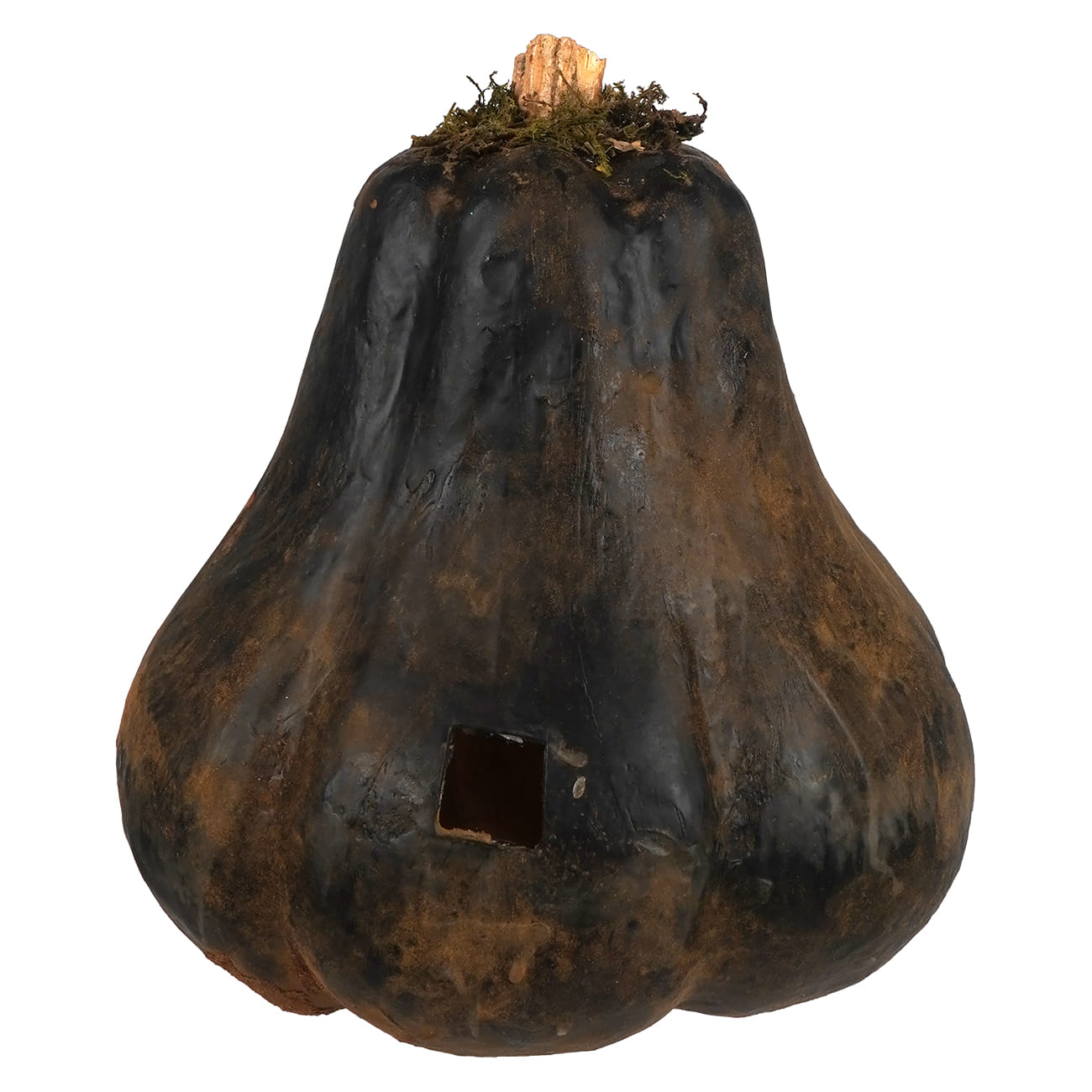 Large carved black gourd jack o lantern with dark weathered matte finish and square cutout near the base