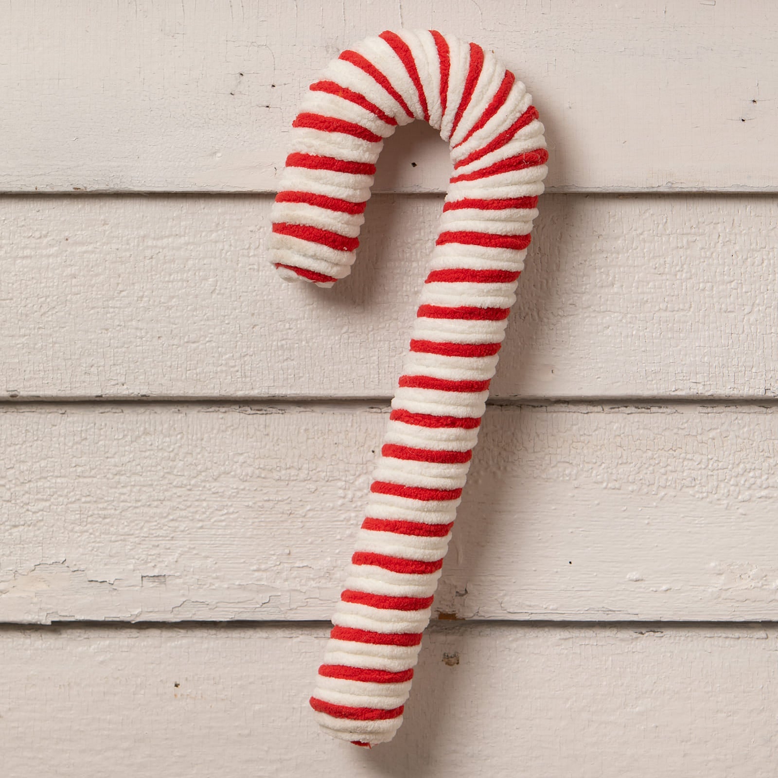 Large chenille candy cane by bethany lowe made of textured yarn in red and white stripes for festive decor