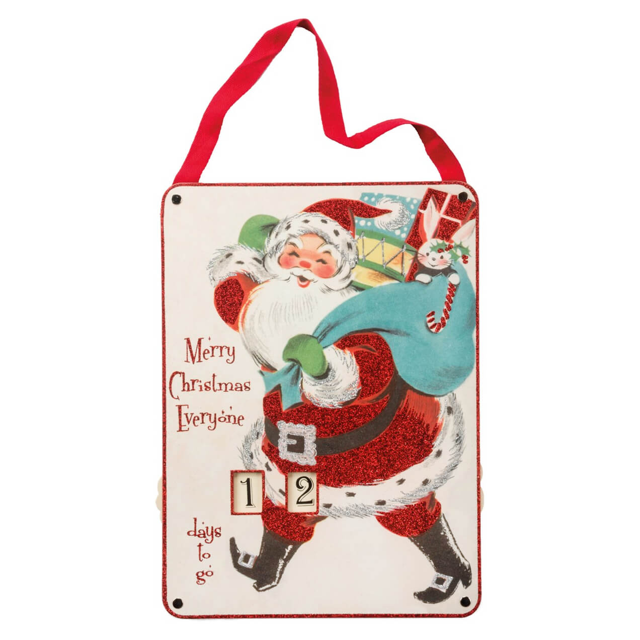 A festive red and white glittery large christmas countdown wheel with santa claus and numbered days by annie schickel design