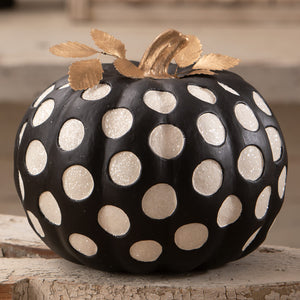 Large dottie noir halloween pumpkin with black body white glittery polka dots and gold leaf stem perfect for gourds decor