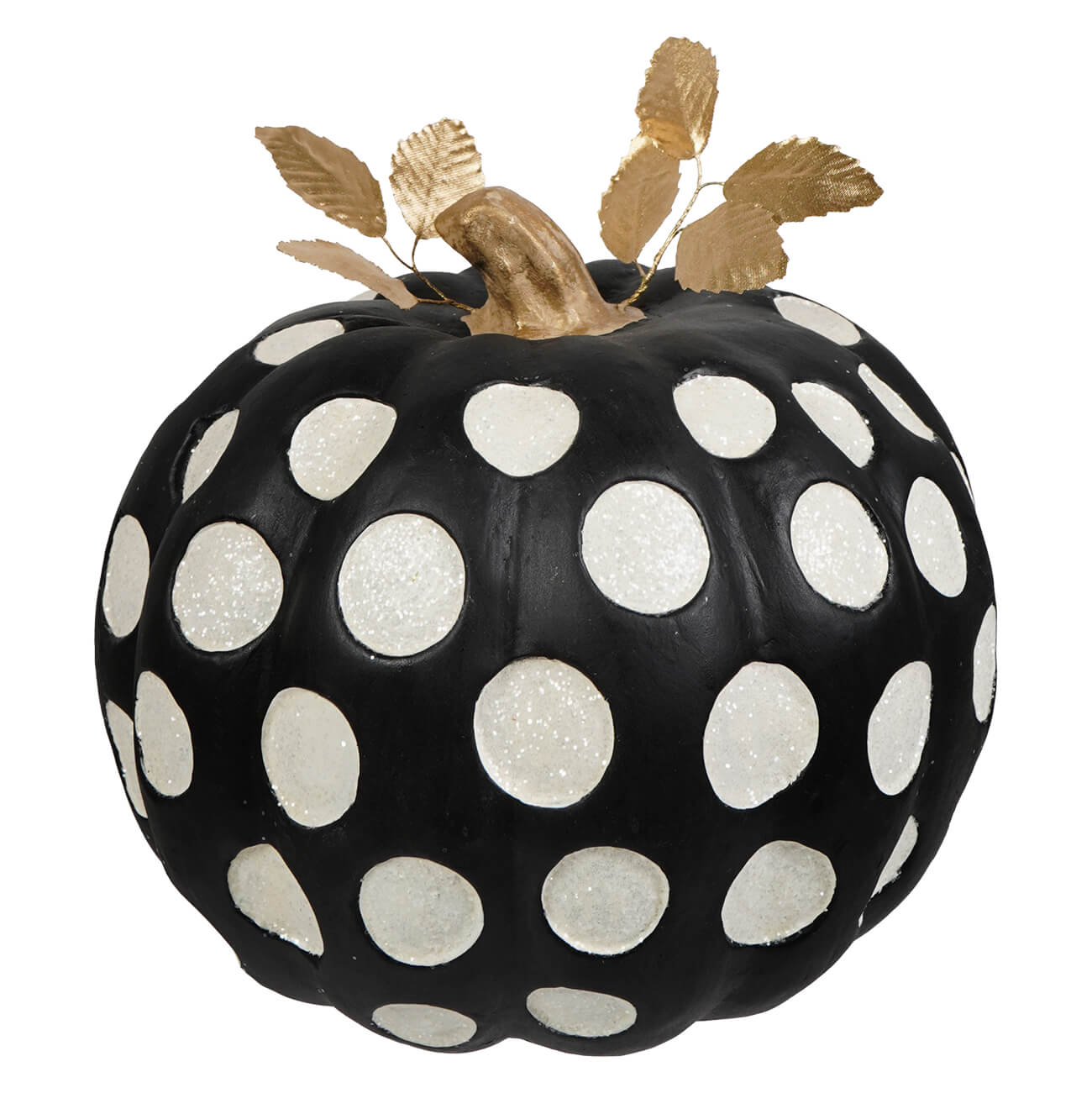 Large dottie noir pumpkin black halloween pumpkin with white glitter polka dots and gold leaf accents