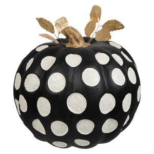 Large dottie noir pumpkin black halloween pumpkin with white glitter polka dots and gold leaf accents