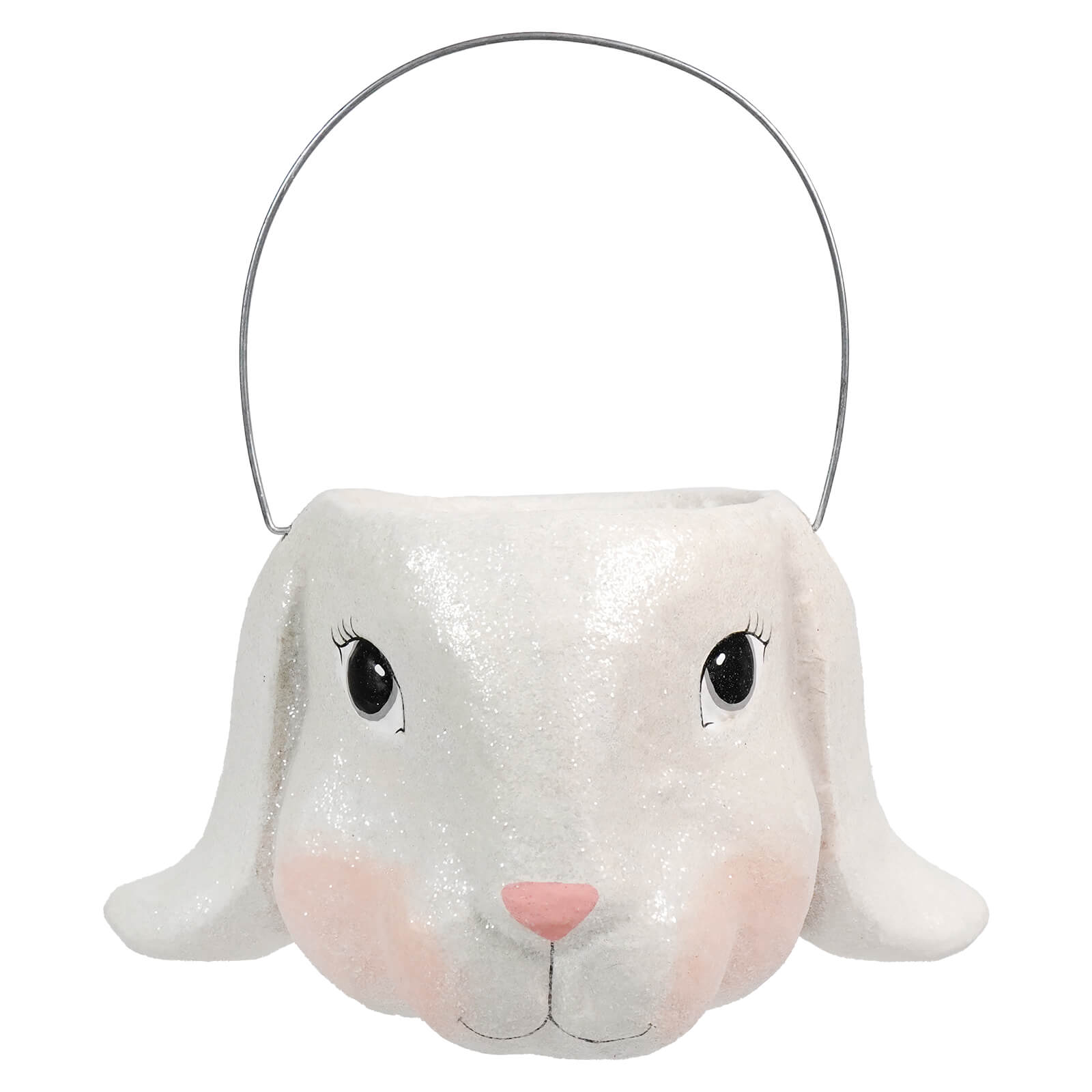 Large floppy ear bunny bucket is a white glittery bethany lowe easter basket with pink cheeks and silver wire handle