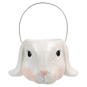 Large floppy ear bunny bucket is a white glittery bethany lowe easter basket with pink cheeks and silver wire handle