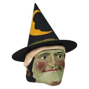 Large green faced witch candy bucket with vintage mask and black hat featuring yellow crescent moon design