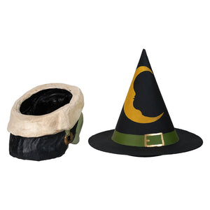 Large green faced witch candy bucket with black witch hat featuring yellow crescent moon and green belt buckle