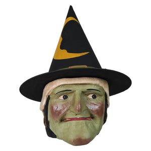 Large green faced witch candy bucket with a green witch mask and black hat featuring a yellow crescent moon design