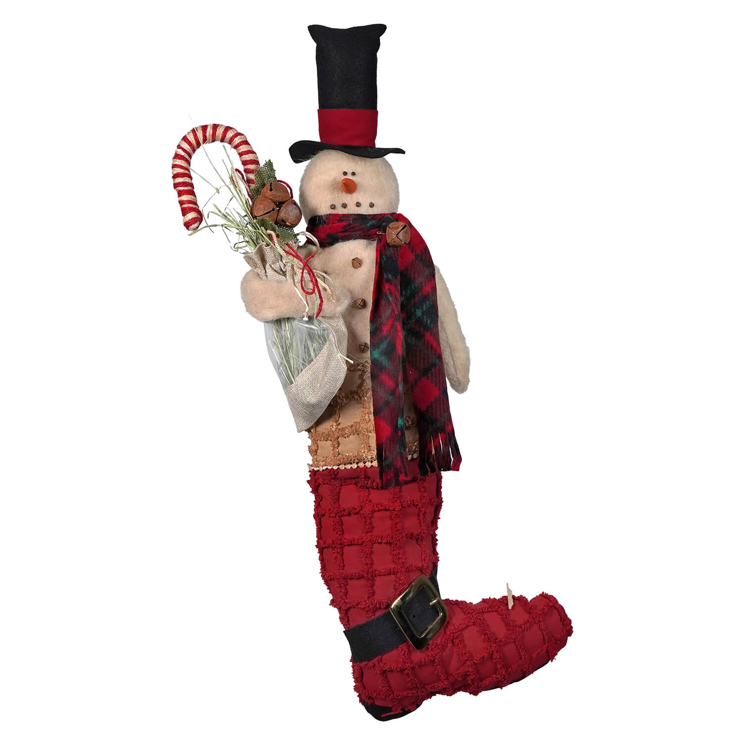 A large hanging snowman with american made design wearing a black top hat red plaid scarf in a traditional red stocking