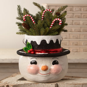 Large holly hat snowman white planter with black hat red ribbon and candy canes from bethany lowe designs christmas snowman figures decor