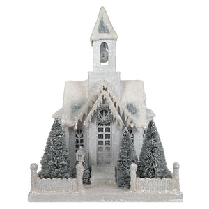 Silver glittery bethany lowe large ivory church figurine with snow dusted roof wreath and light cord