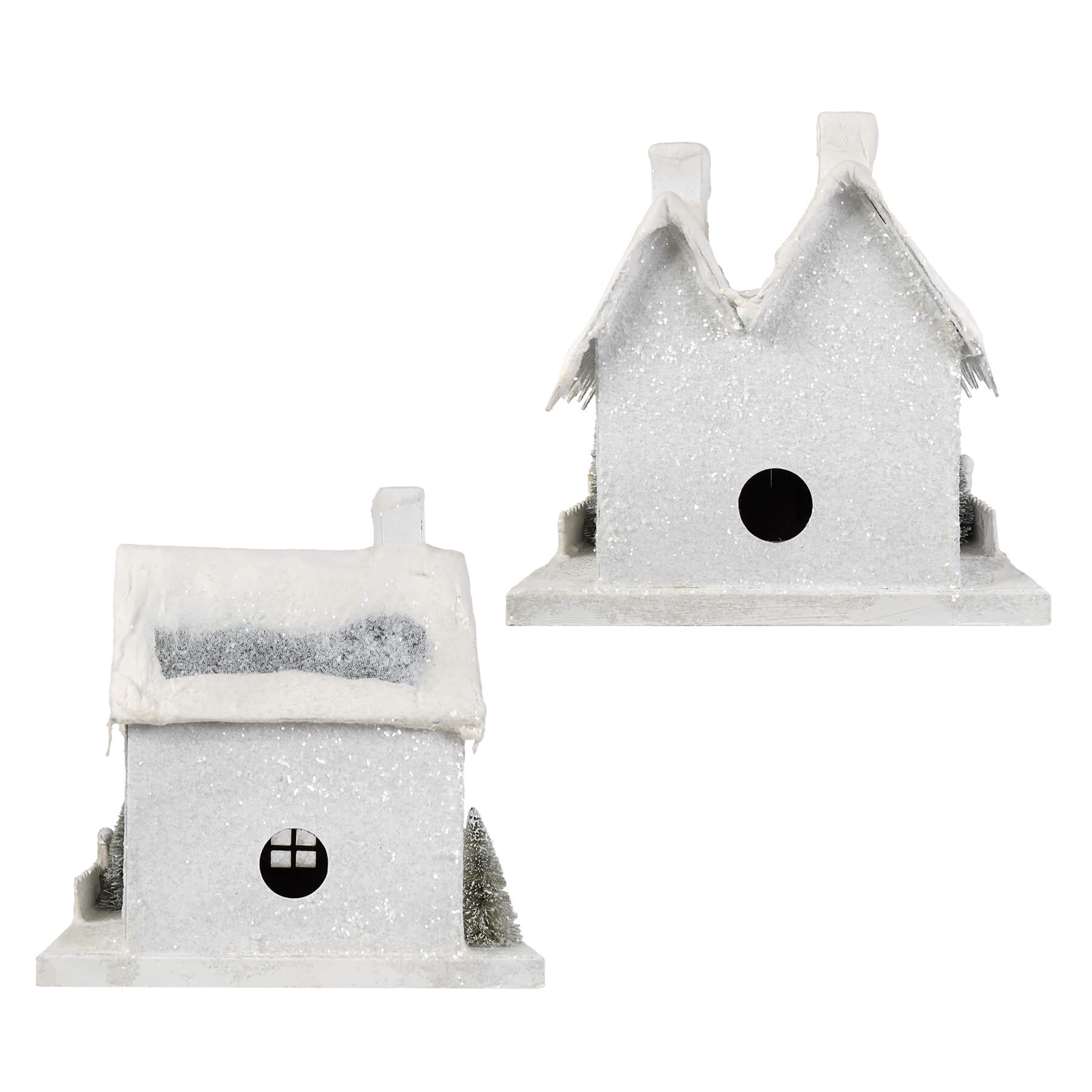 Large ivory cottages set of 2 featuring a white glittery winter white cottage with snowy roof and black circular entrance