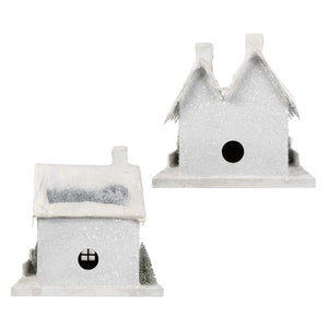 Large ivory cottages set of 2 featuring a white glittery winter white cottage with snowy roof and black circular entrance