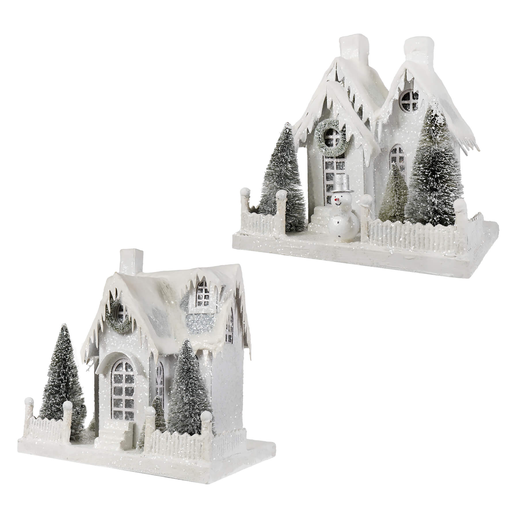Large ivory cottages set 2 featuring a winter white cottage with glittery snow roof frosted pine trees and snowman front