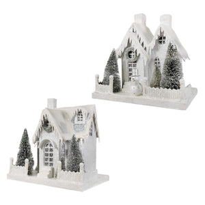 Large ivory cottages set 2 featuring a winter white cottage with glittery snow roof frosted pine trees and snowman front