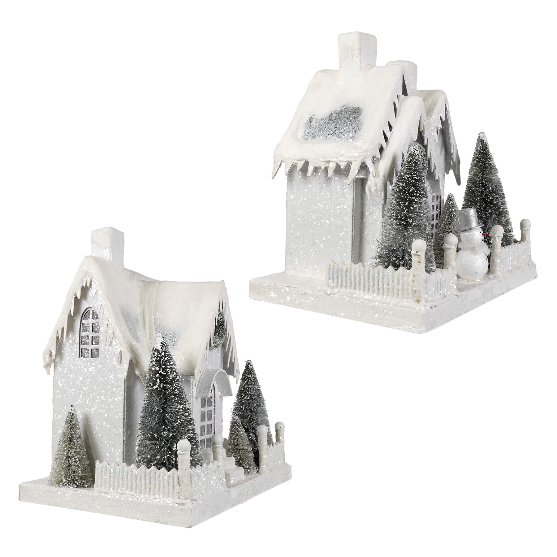 Large ivory cottages set 2 featuring a white glittery christmas cottage with snow roof and frosted pine trees winter white cottage