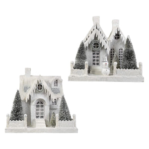 Large ivory cottages set 2 featuring a white frosted winter white cottage with glittery snow roof and miniature pine trees
