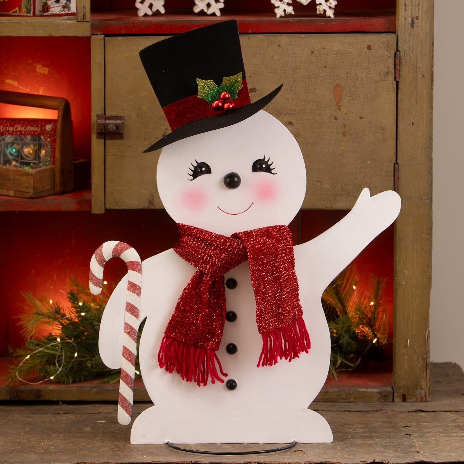 Large jolly tin snowman by bethany lowe designs white wooden christmas snowman figure with black top hat and candy cane