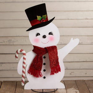 Large jolly tin snowman by bethany lowe designs white wooden christmas snowman figure with red scarf and candy cane decor