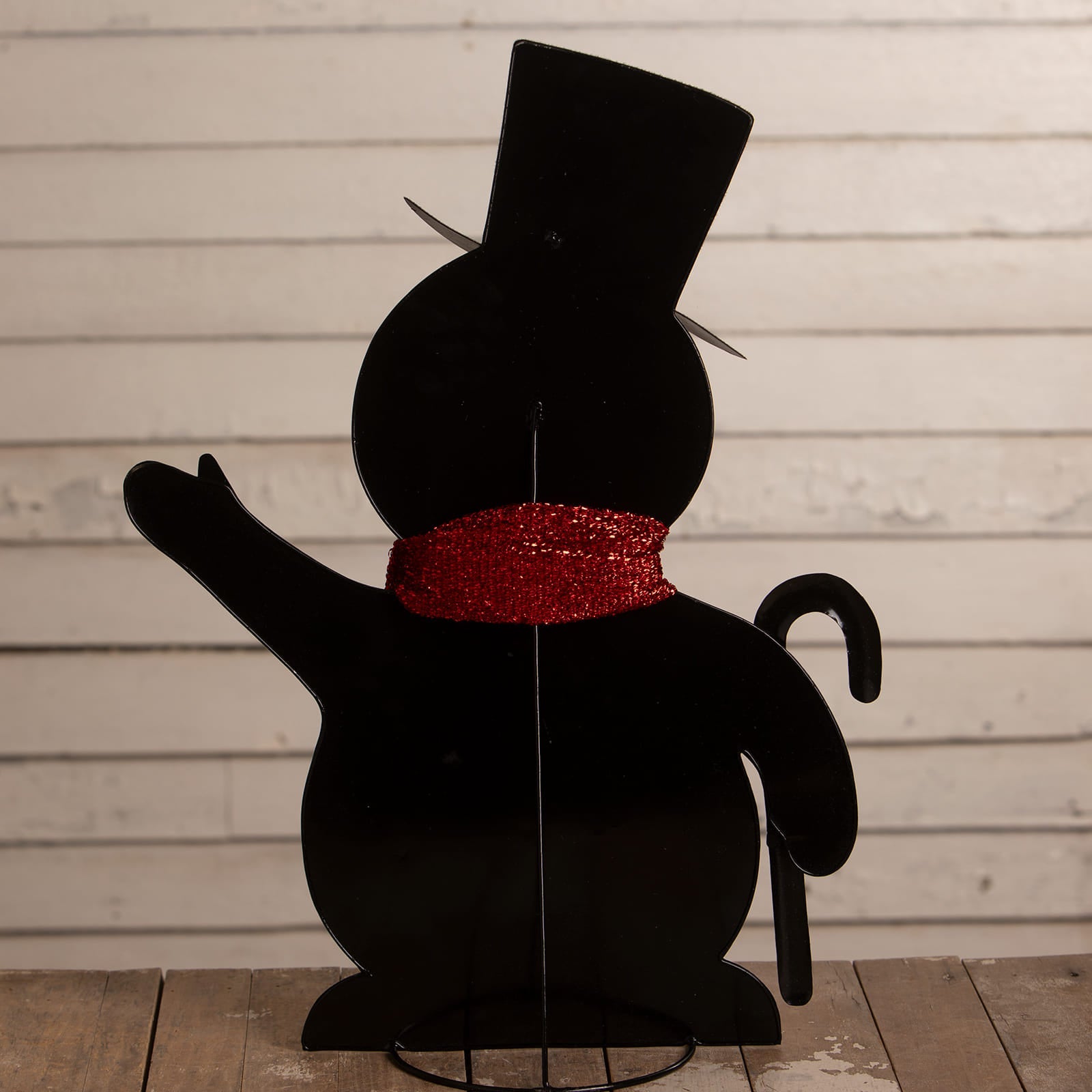 Large jolly tin snowman by bethany lowe designs black with red glitter scarf top hat christmas snowman figures decor