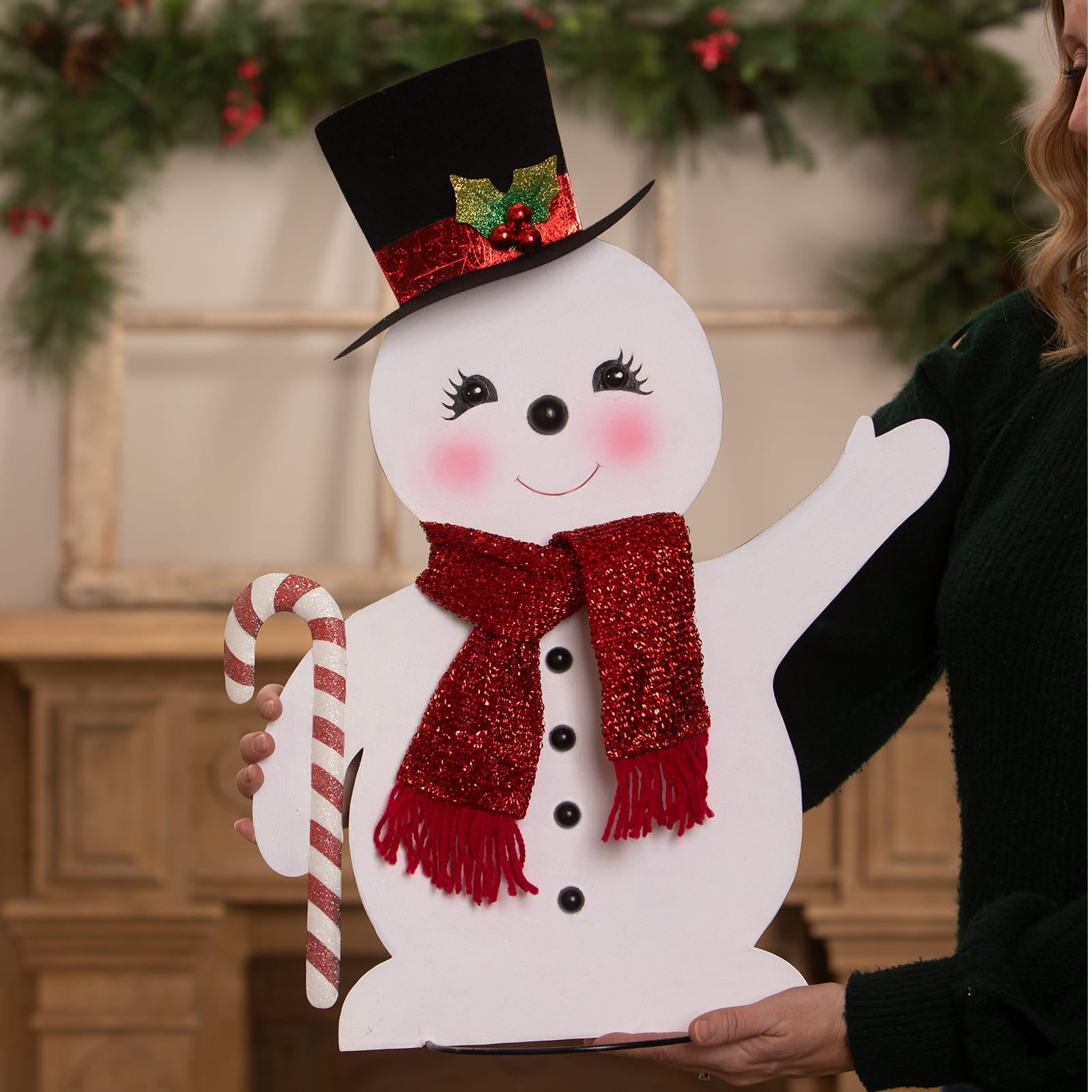 Large jolly tin snowman white wooden cutout with black top hat red scarf pink cheeks by bethany lowe designs christmas snowman figures decor