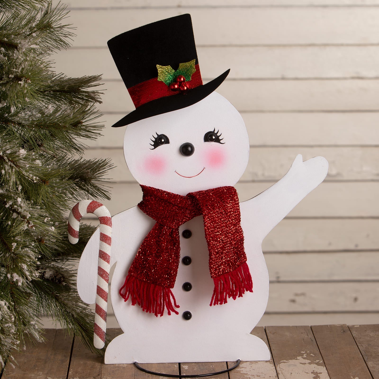Large jolly tin snowman by bethany lowe designs with black top hat red scarf and holly for christmas snowman figures decor