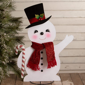 Large jolly tin snowman by bethany lowe designs with black top hat red scarf and holly for christmas snowman figures decor