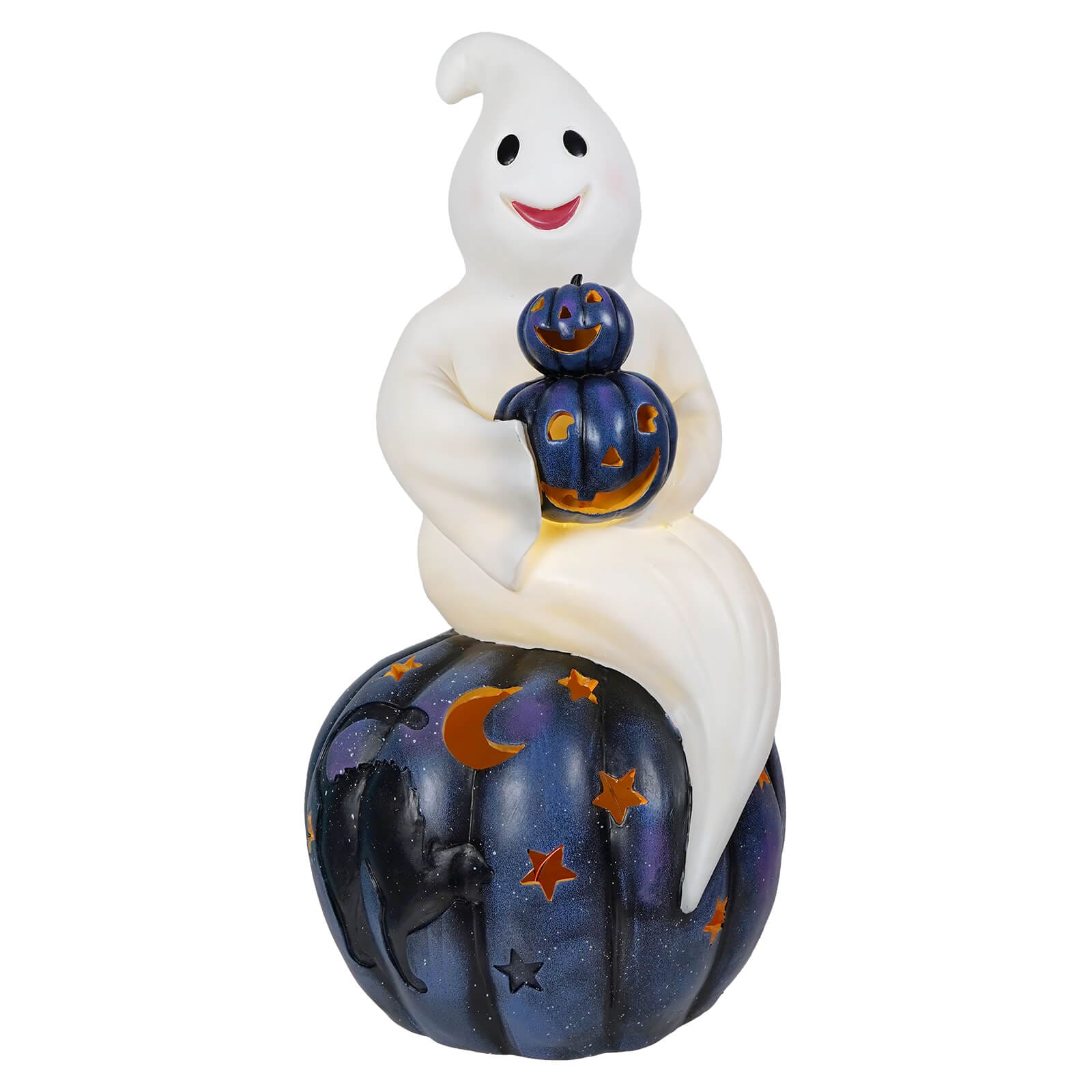 Large LED Lighted Ghost Sitting On Pumpkin - Halloween