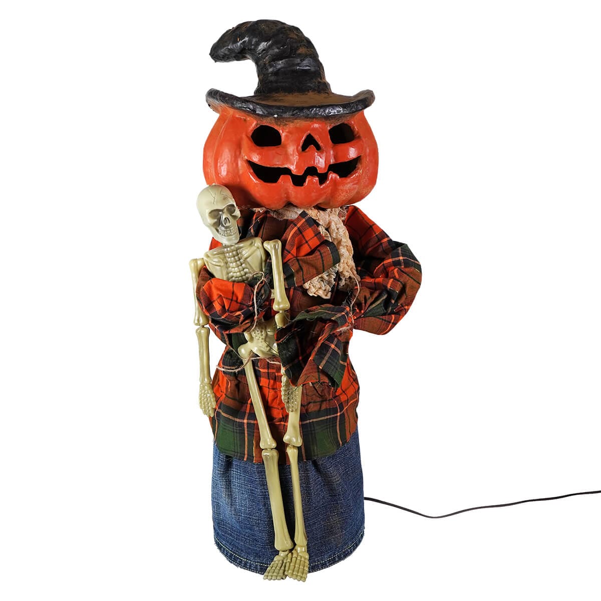 Large Lighted Dressed Orange Pumpkin Jack-O’-Lantern Holding Skeleton - Halloween