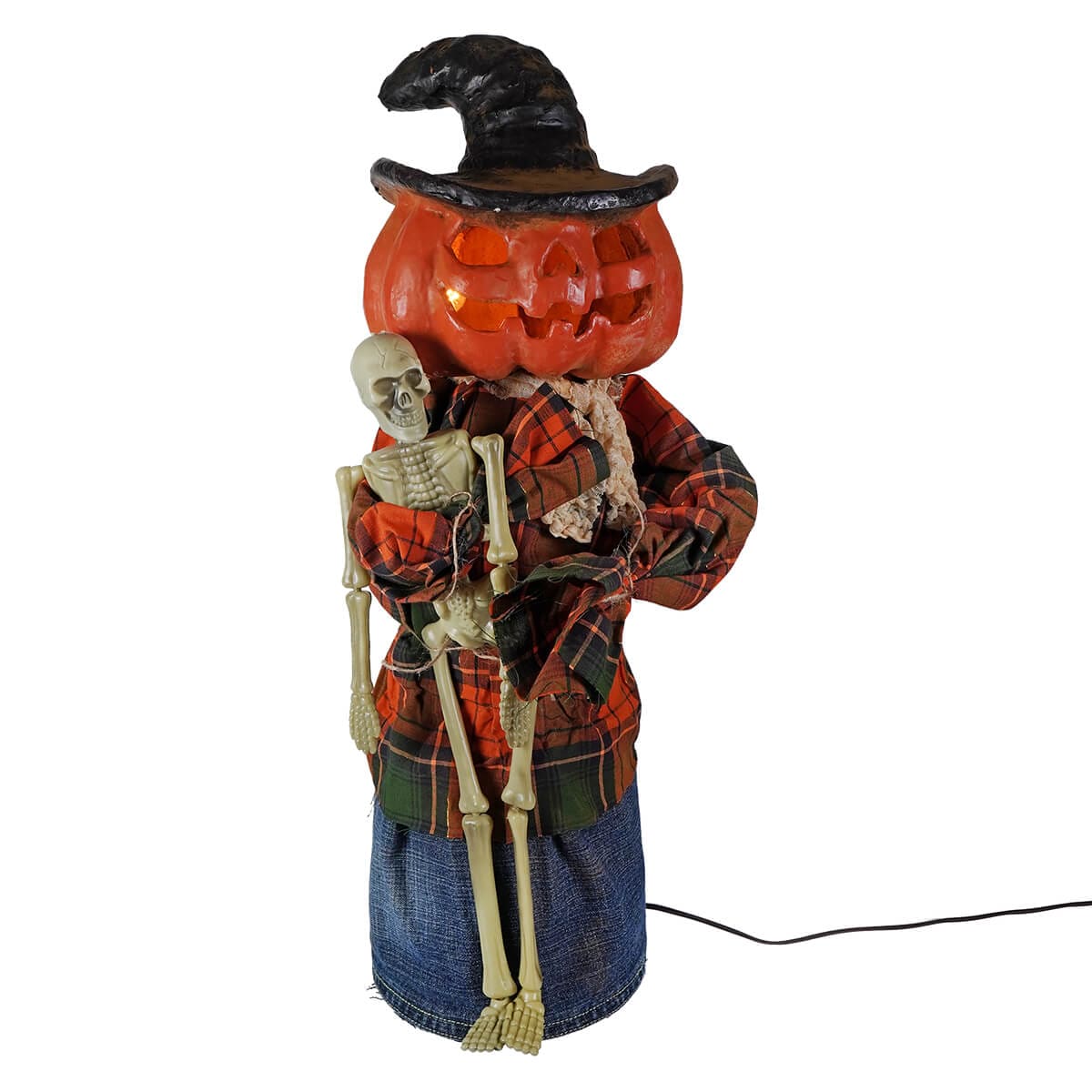 Large Lighted Dressed Orange Pumpkin Jack-O’-Lantern Holding Skeleton - Halloween