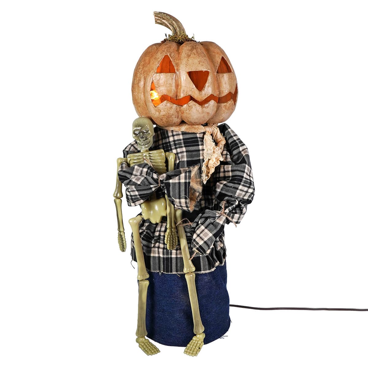 Large Lighted Dressed Tan Pumpkin Jack-O’-Lantern Holding Skeleton - Halloween