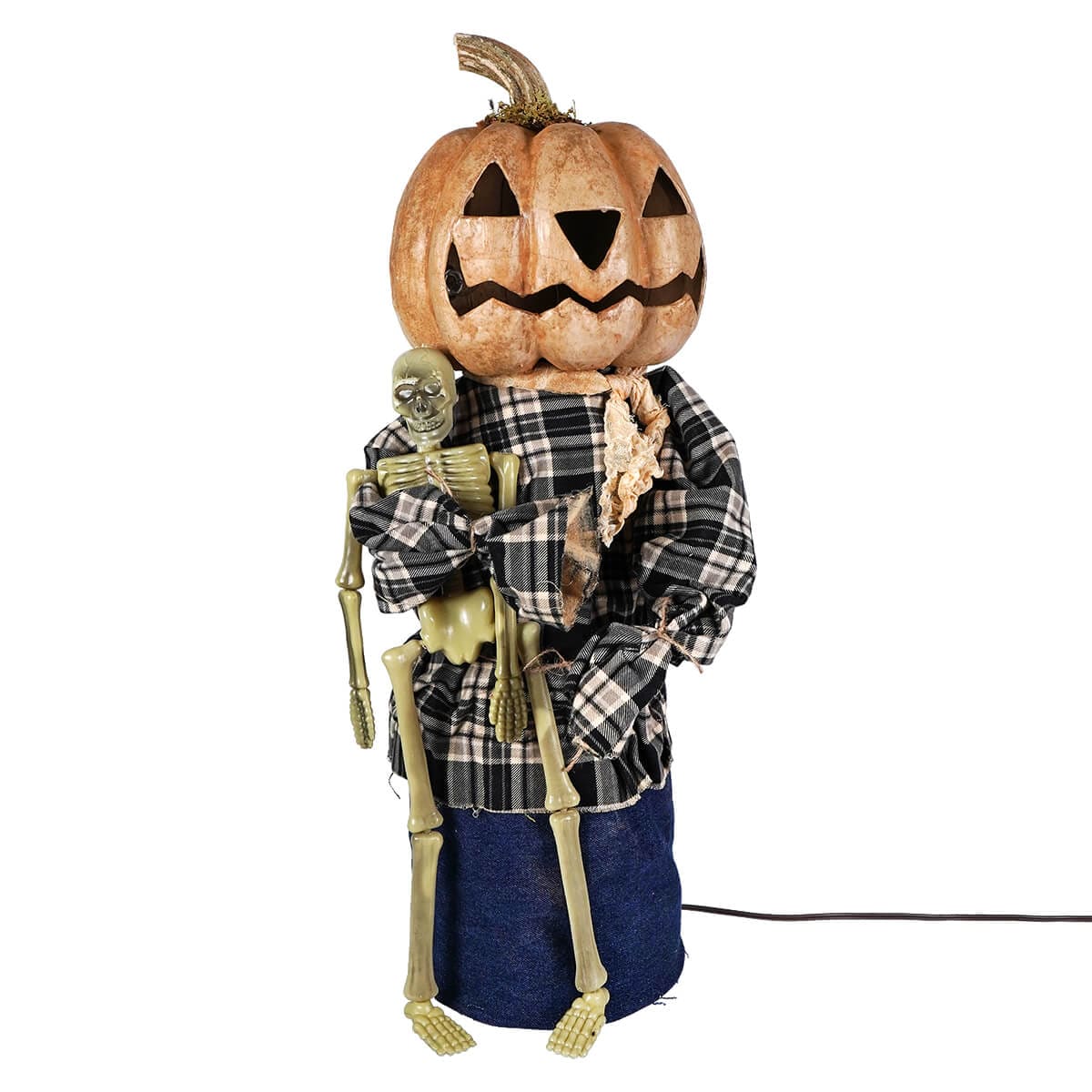 Large Lighted Dressed Tan Pumpkin Jack-O’-Lantern Holding Skeleton - Halloween