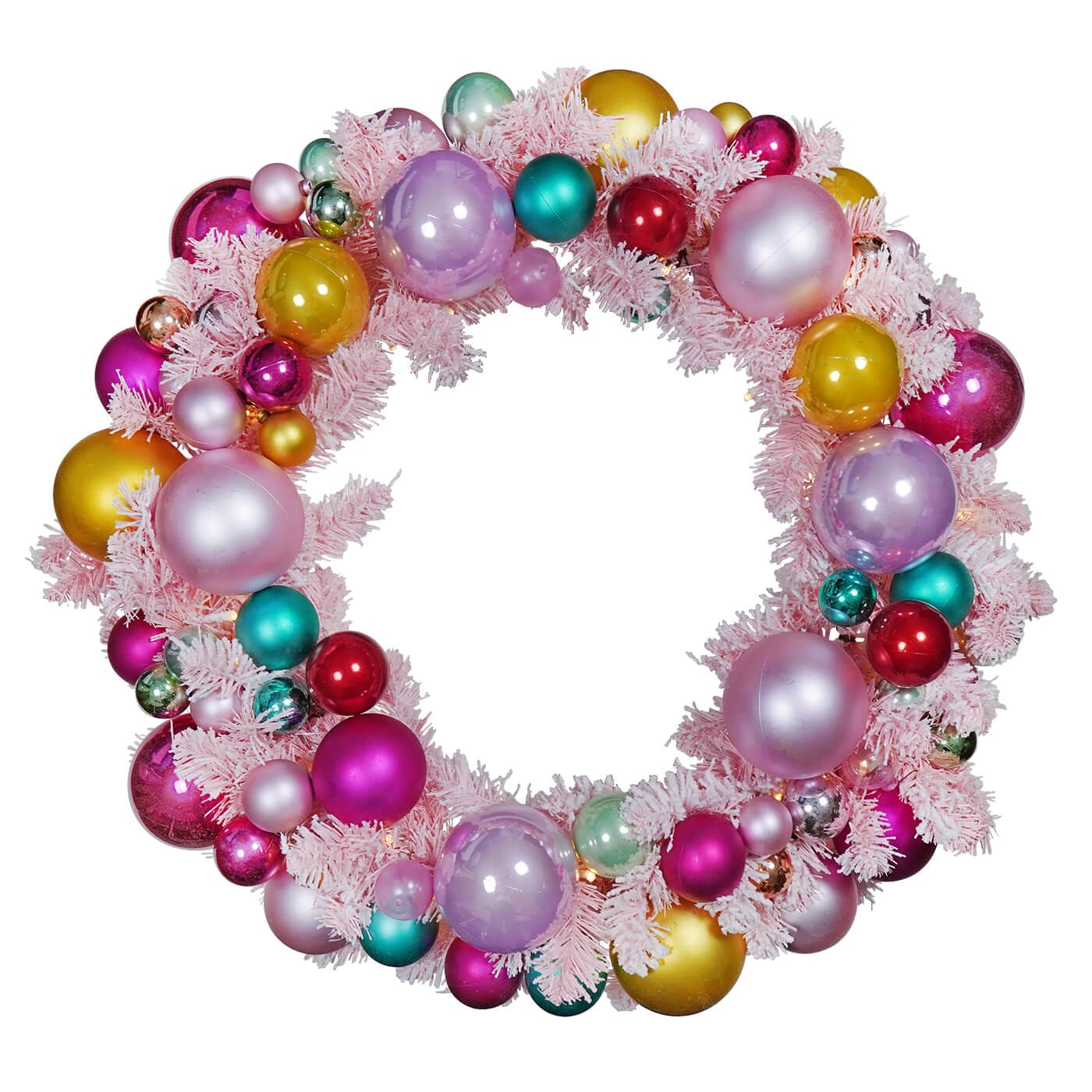 Large Lighted Flocked & Ornamented Pink Wreath - Christmas