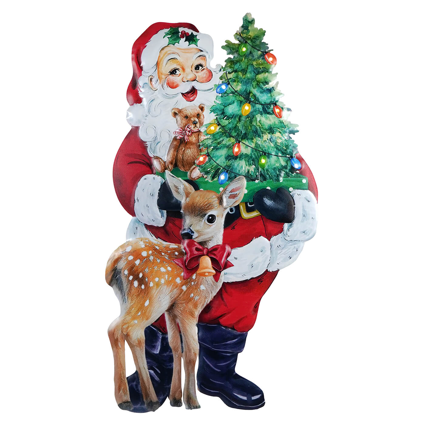 Large Lighted Metal Santa & Fawn With Easel & Timer - Christmas