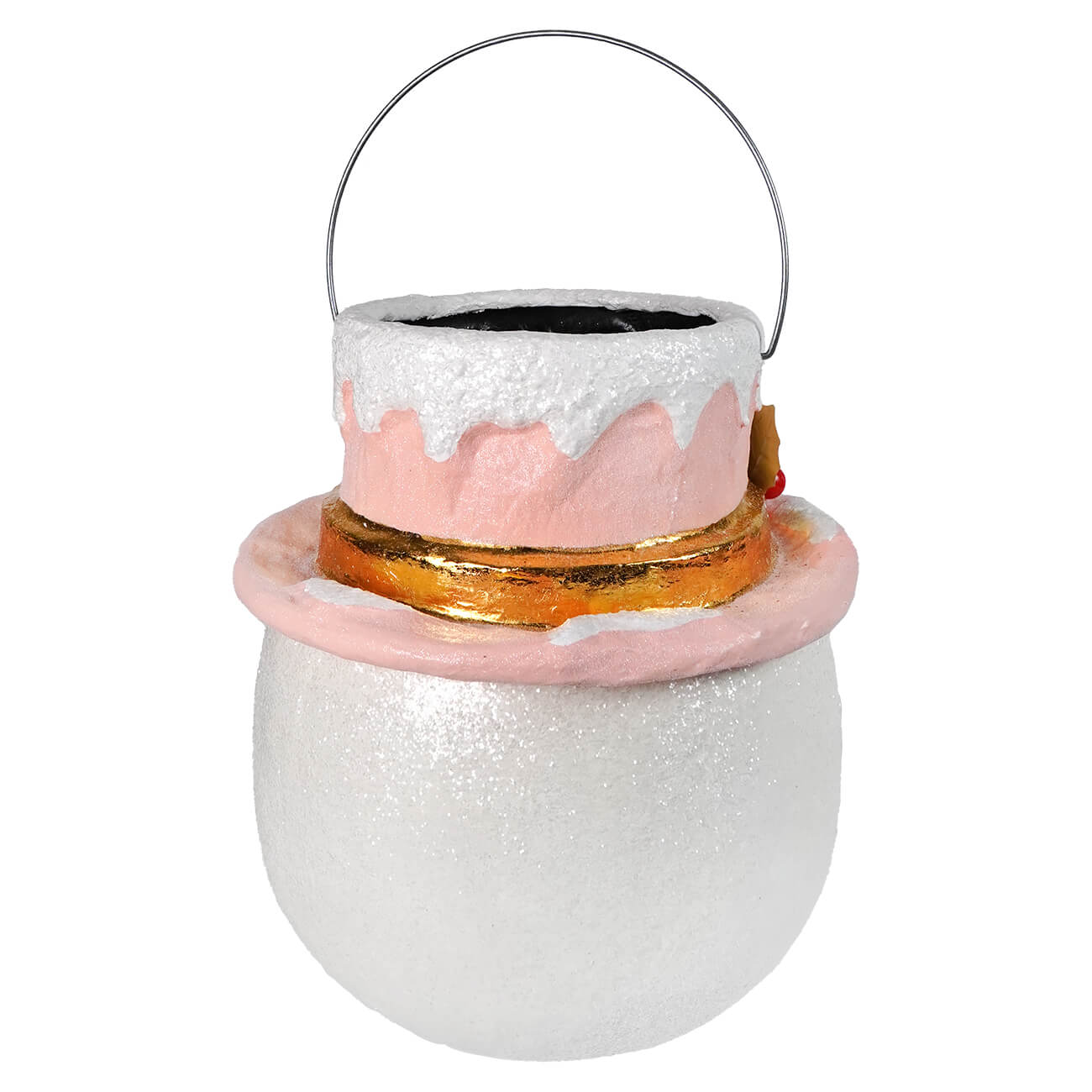 A whimsical white glittery cauldron with pink frosting and gold trim in a large pastel holly hat christmas snowman decor by bethany lowe designs