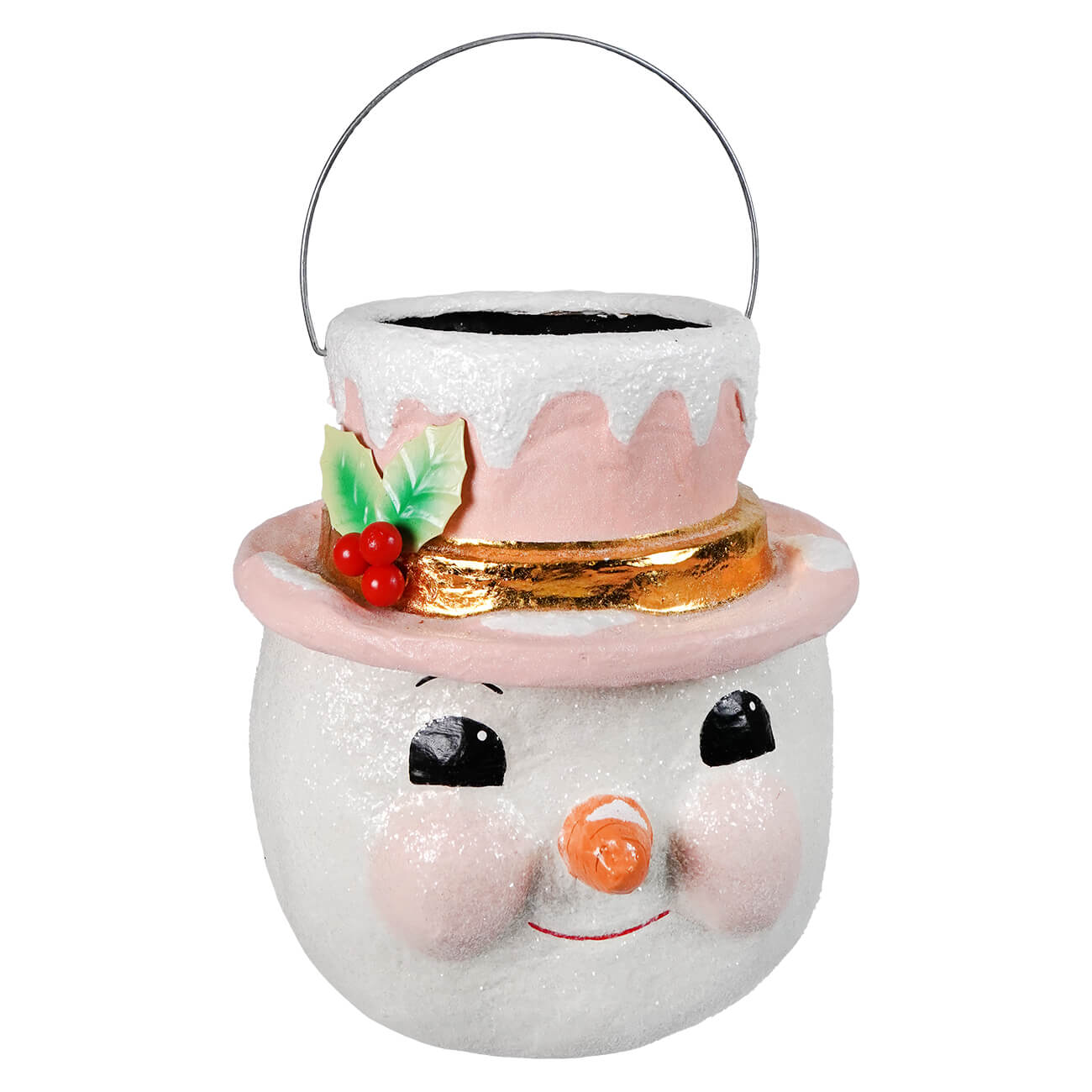 A charming white snowman candy bucket with a pink pastel holly hat from bethany lowe designs christmas snowman figures and decor