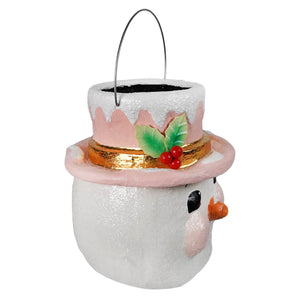 Large pastel holly hat snowman solar lantern by bethany lowe designs features a glittery white body with pink hatband and holly decor