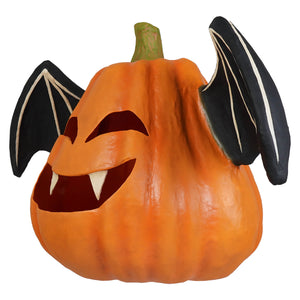 Large orange pumpkin bat luminary with black wings and sharp white fangs perfect for halloween pumpkins and gourds decor