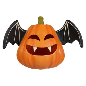 Large orange pumpkin bat luminary with black wings and carved smiling face perfect for halloween pumpkins and gourds decor