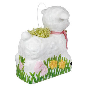 Large retro lamb bucket figural decor by bethany lowe with white glitter glass lamb and colorful floral accents