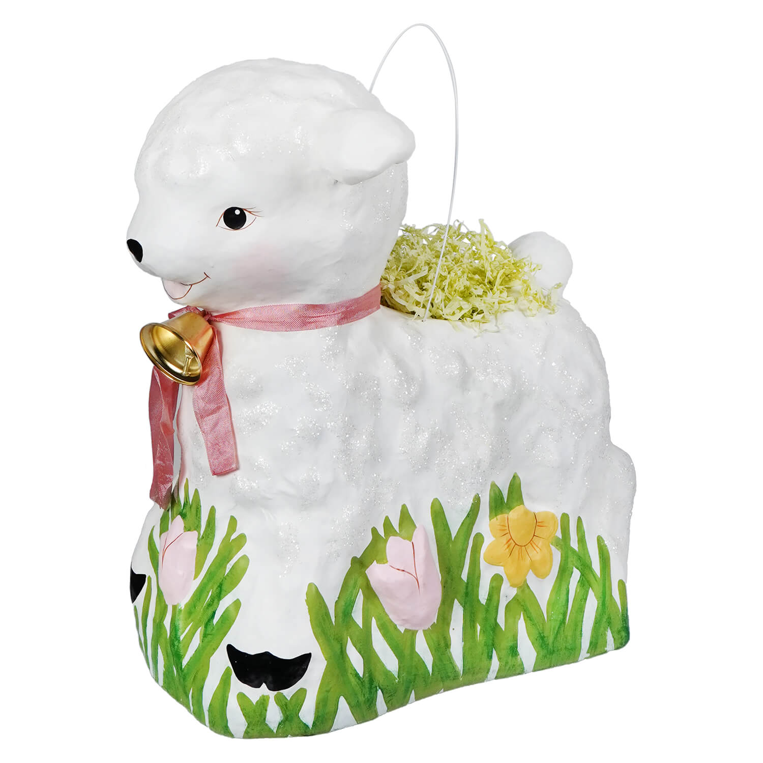 Large retro lamb bucket white glittery figural decor with pink ribbon gold bell painted grass flowers by bethany lowe