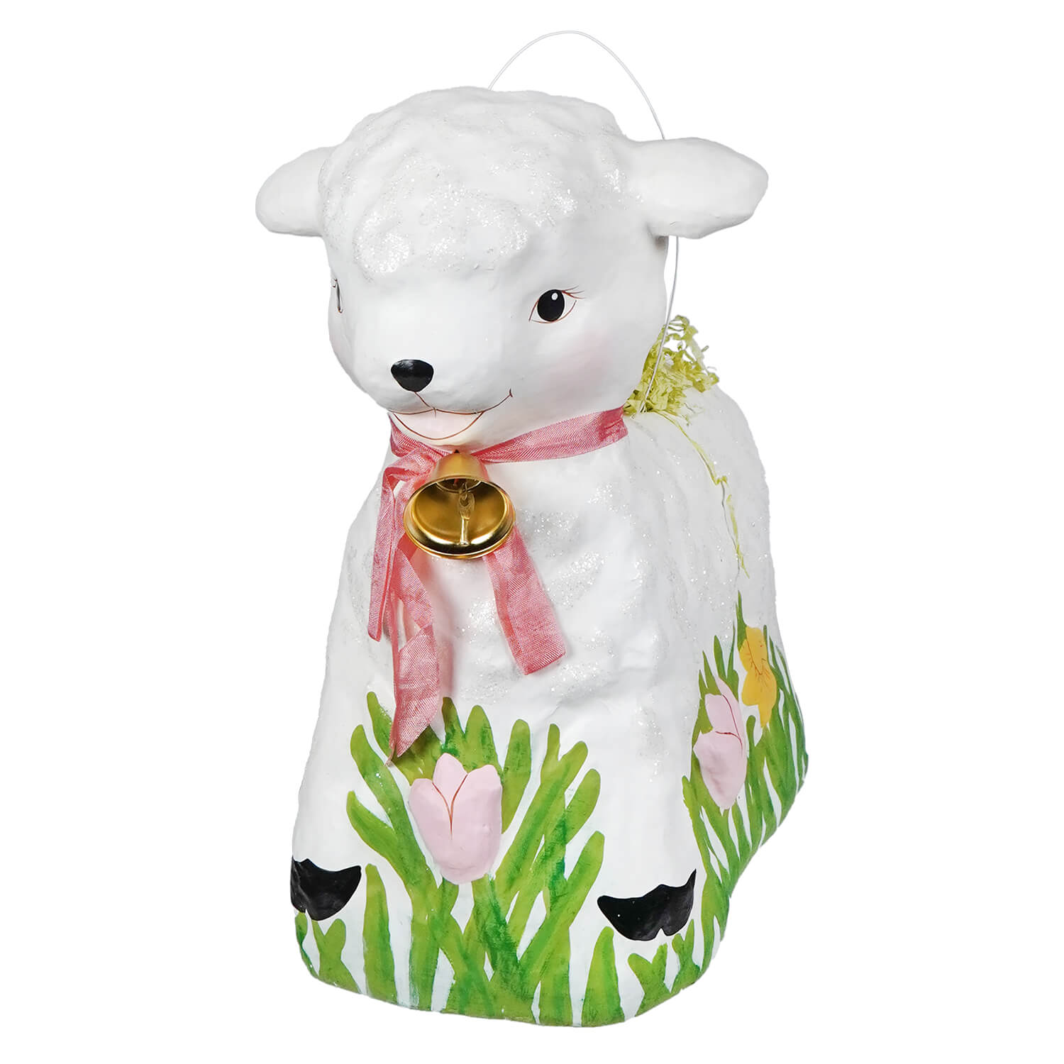 Large retro lamb bucket white ceramic easter basket with pink ribbon gold bell painted grass and tulips figural decor bethany lowe