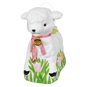 Large retro lamb bucket white ceramic easter basket with pink ribbon gold bell painted grass and tulips figural decor bethany lowe