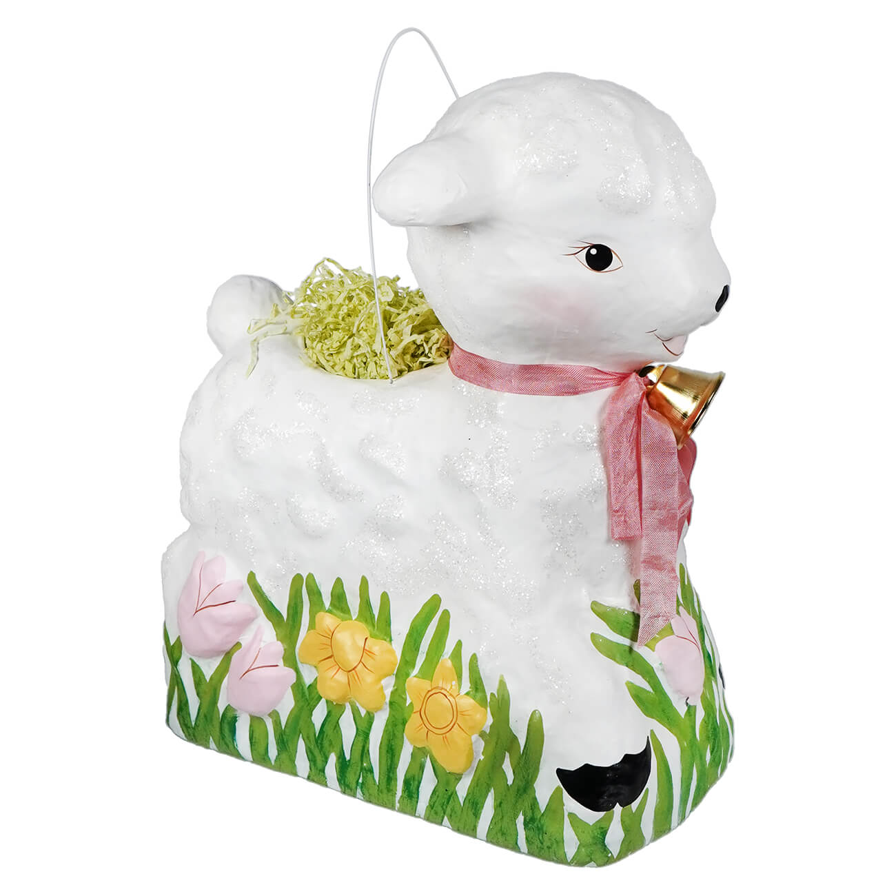 Large retro lamb bucket white ceramic with pink ribbon gold bell painted grass and flowers figural decor bethany lowe