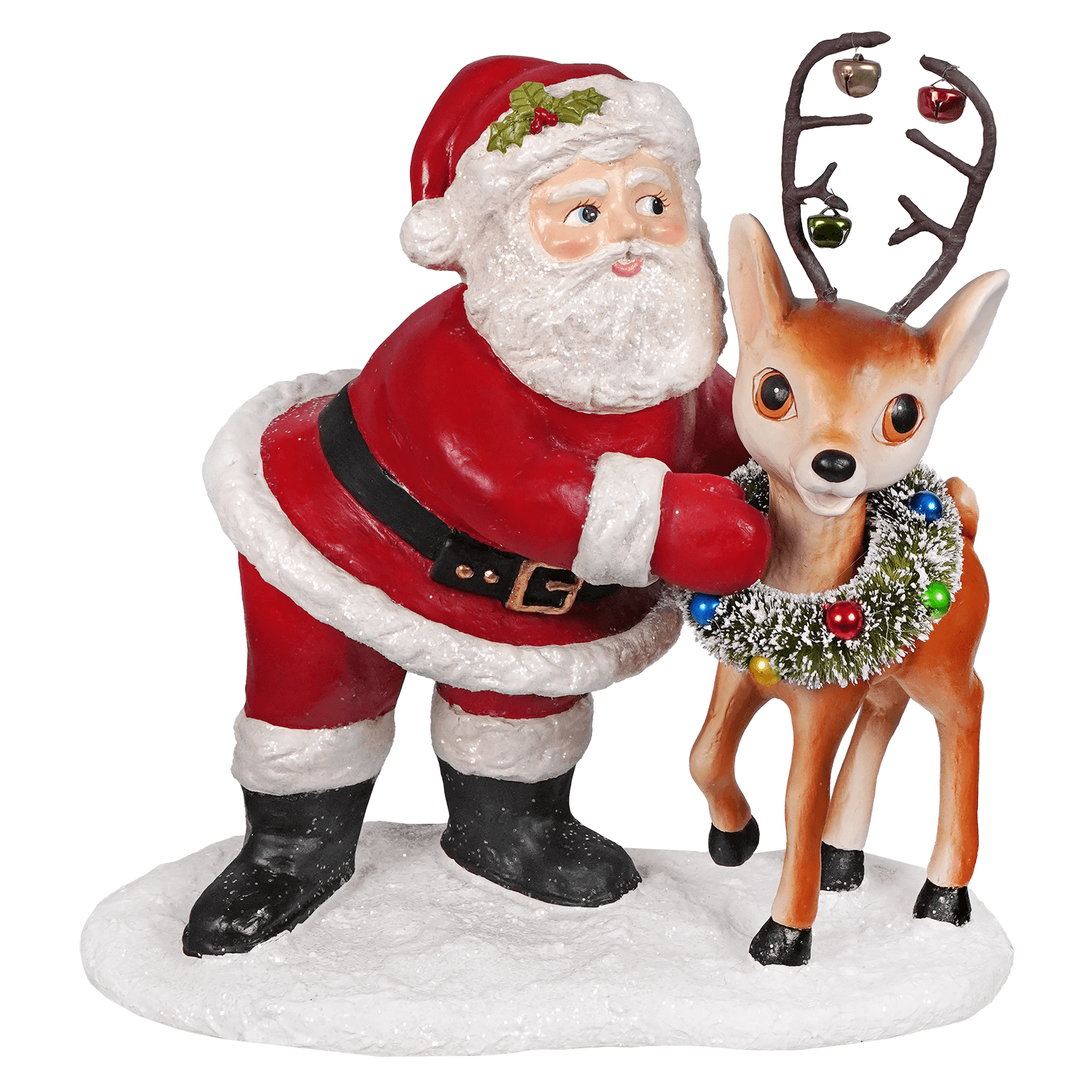 Large retro Santa with reindeer featuring red and white folk art Santa figure with fluffy beard and festive garland on reindeer