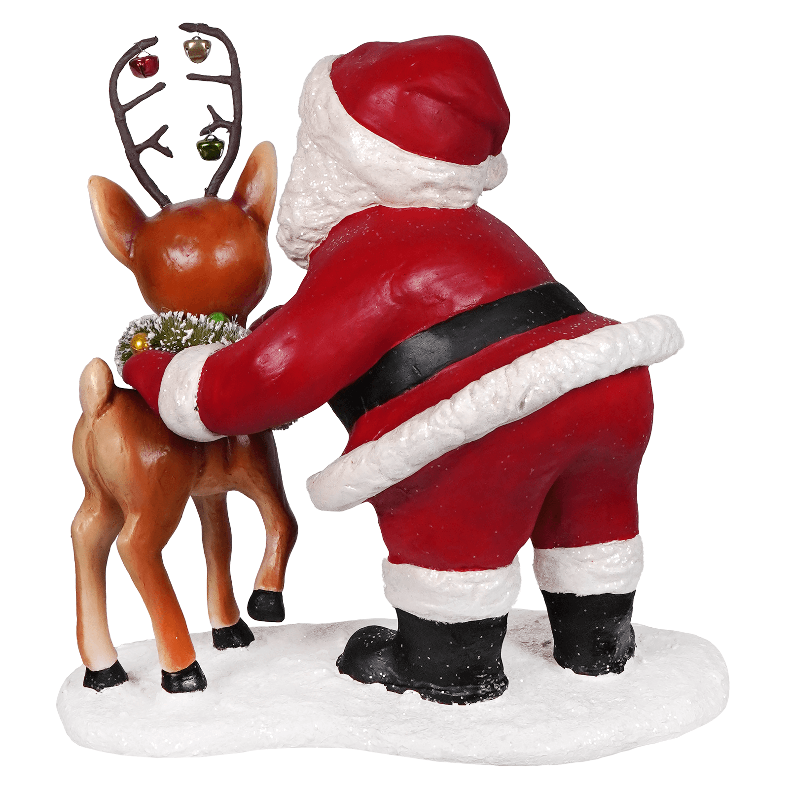 Large retro santa with reindeer figurine shows red and white santa hugging brown reindeer with antler bells, folk art santas style