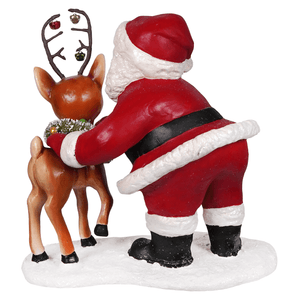 Large retro santa with reindeer figurine shows red and white santa hugging brown reindeer with antler bells, folk art santas style