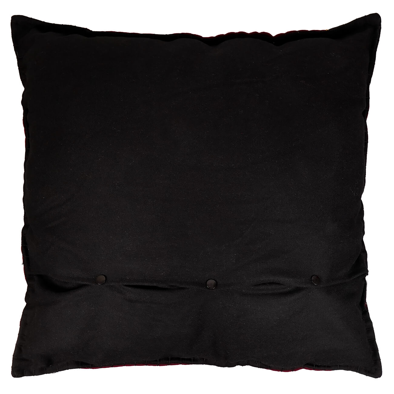 Large santa flying rooftops pillow with black velvet cushion and three dark button closures along bottom edge