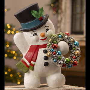 Large white snowman with black top hat holly red scarf and festive wreath hand-painted paper christmas snowman figures by bethany lowe designs